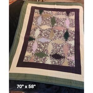 Handmade Twin Sz Quilt 70 x 58 Flying Geese Pattern Purple Grn Floral Patchwork